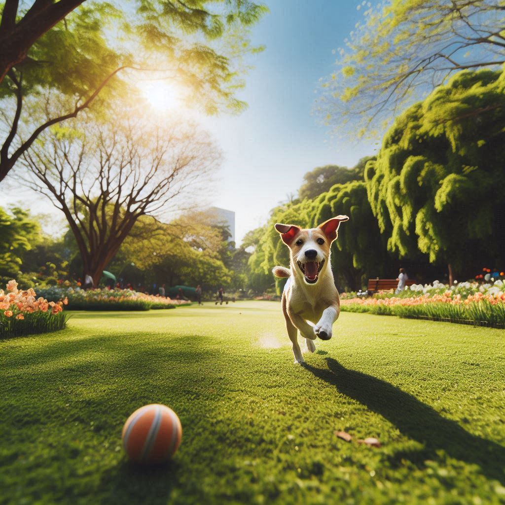 a dog running on grass with a ball in front of it