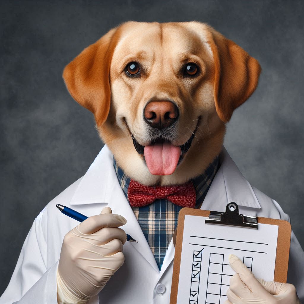 a dog wearing a white coat and a bow tie holding a clipboard and a pen