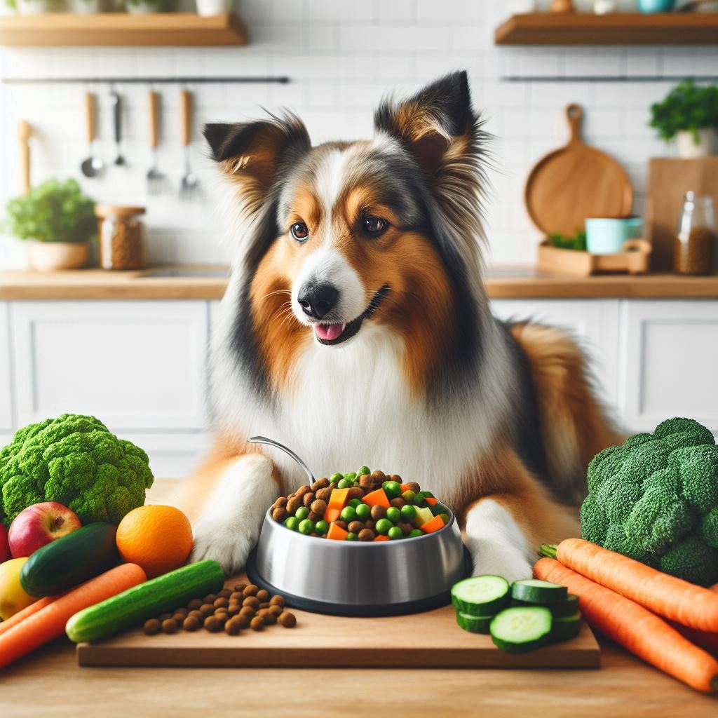 a dog sitting in front of a bowl of food