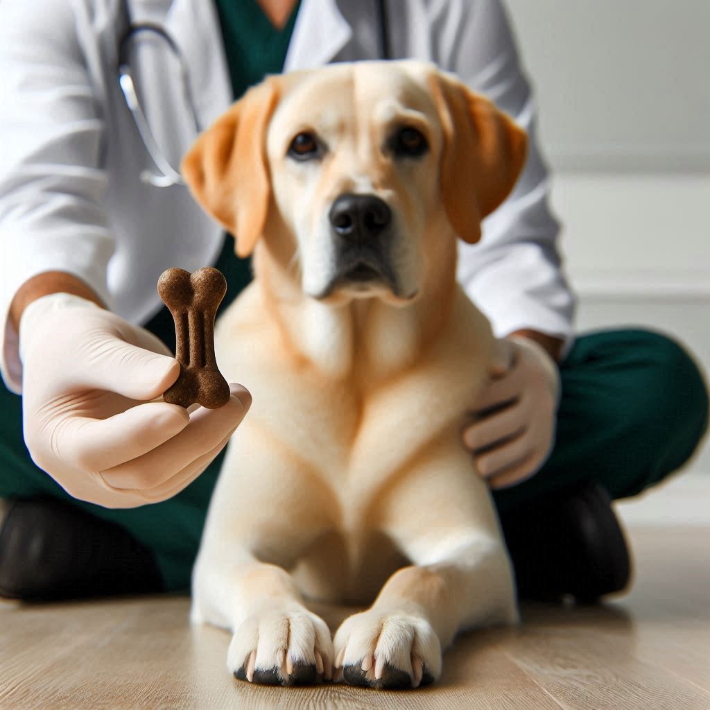 vet with dog and dental chew