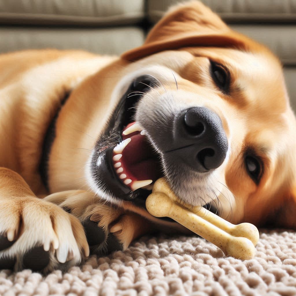 happy dog with dental chew
