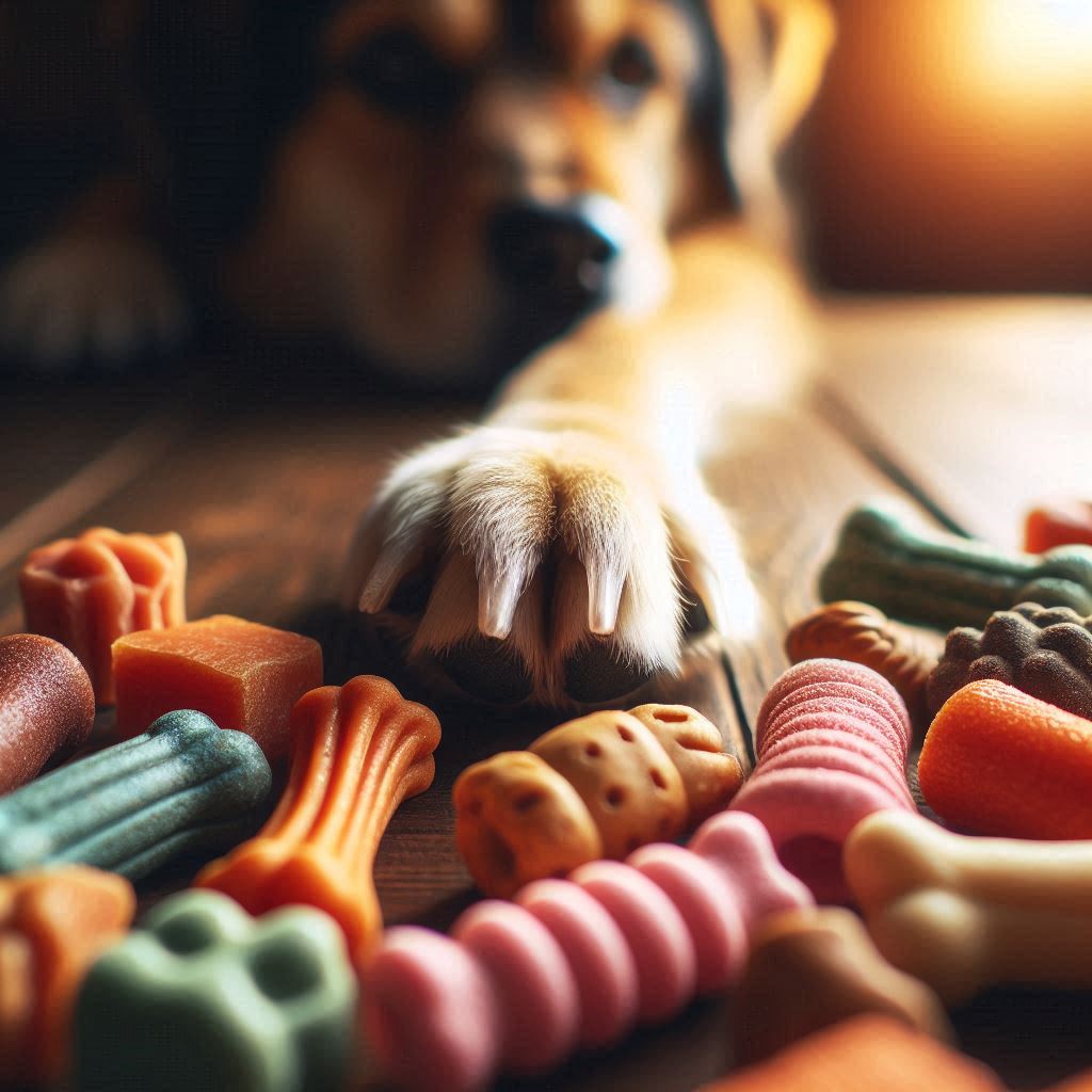 dog reaching for dental treats