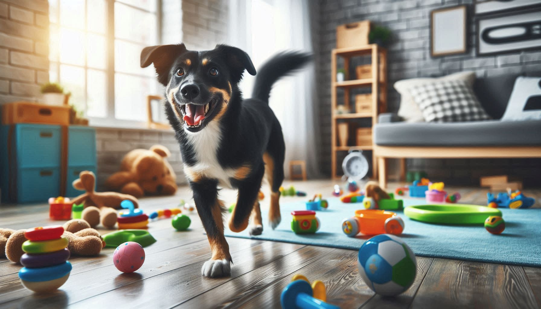 dog inside with toys