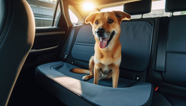 dog sitting on car seat cover