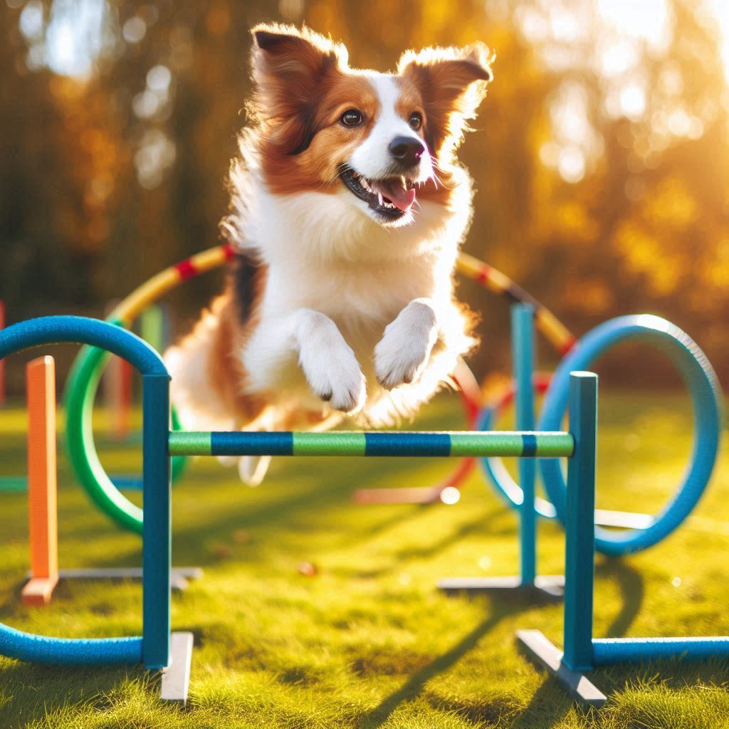 dog jumping through agility equipment