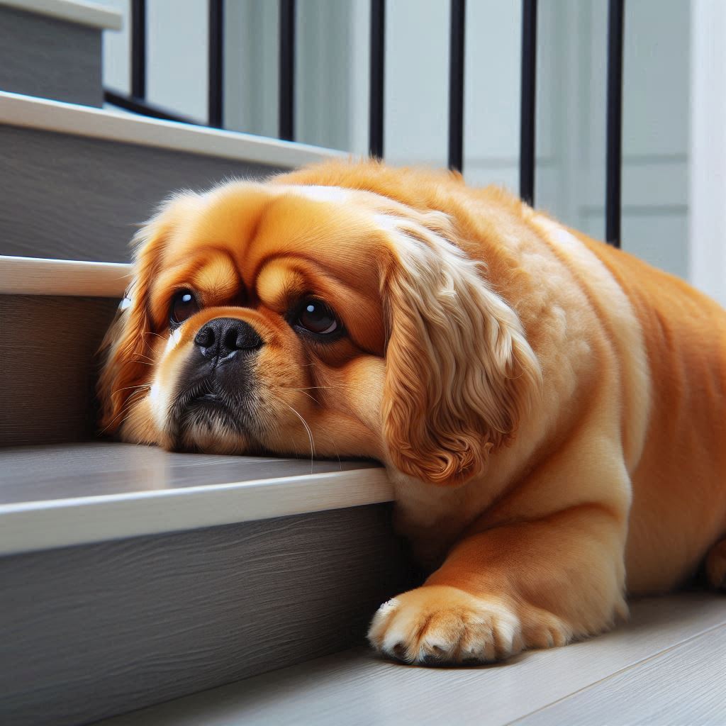 sad dog sitting on stairs