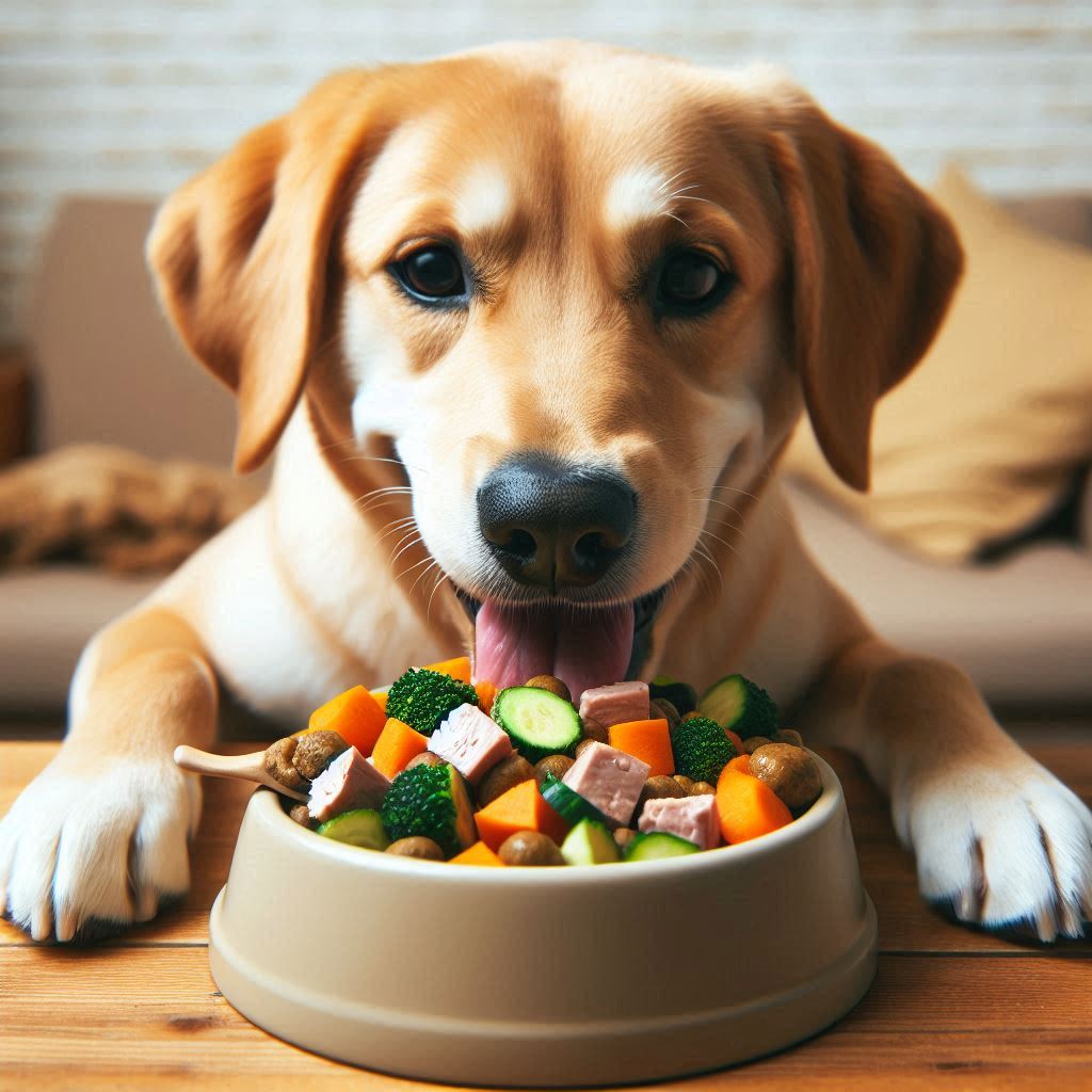 A happy dog eating from a bowl of homemade dog food, with the food visibly containing veggies and meat to highlight the healthiness of the meal