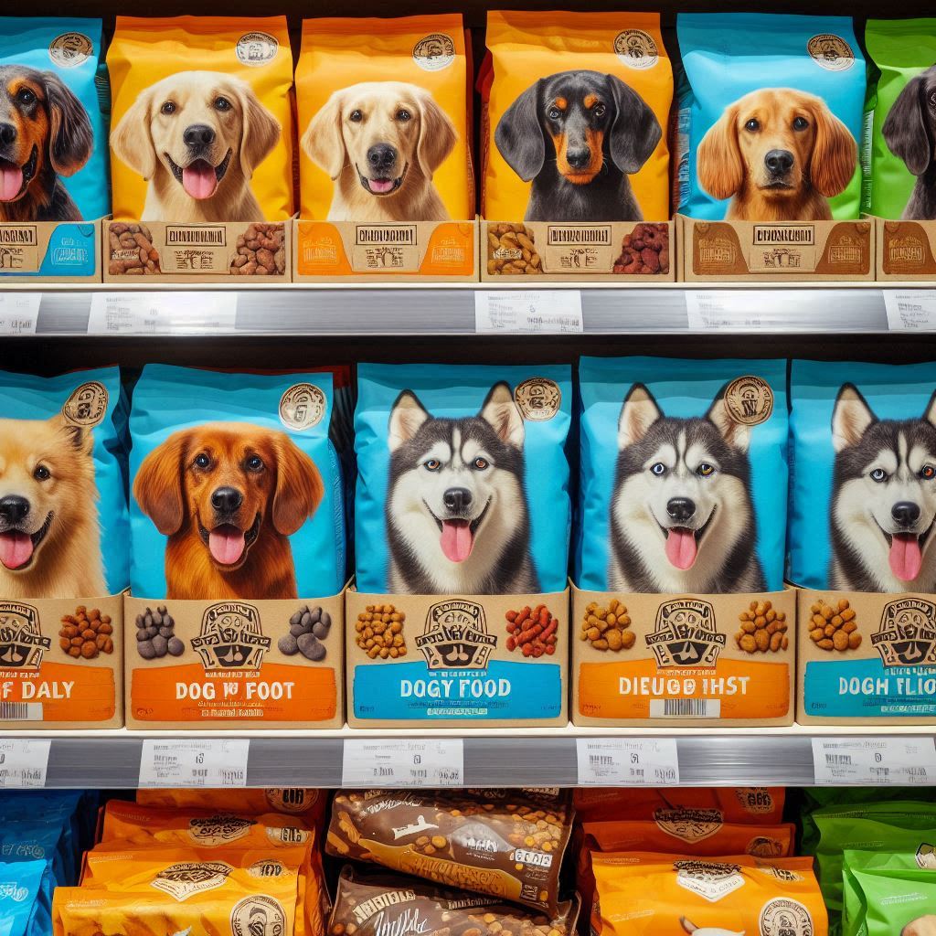 different dog foods t store on shelf