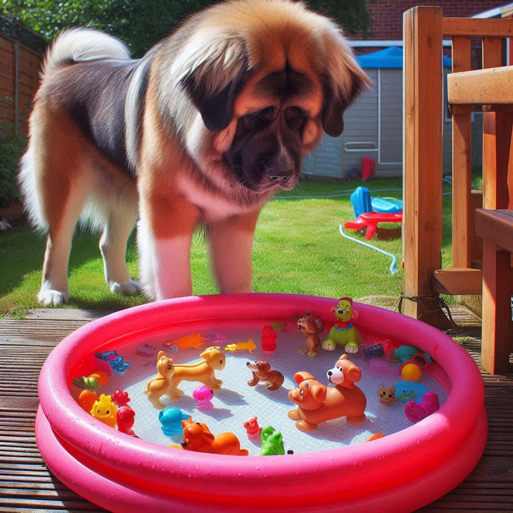 big dog looking over pool with toys in it