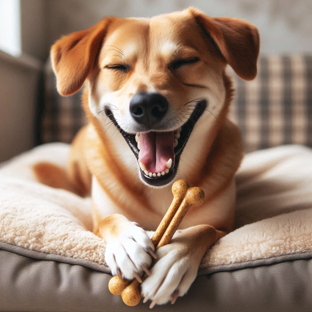 happy dog with chew