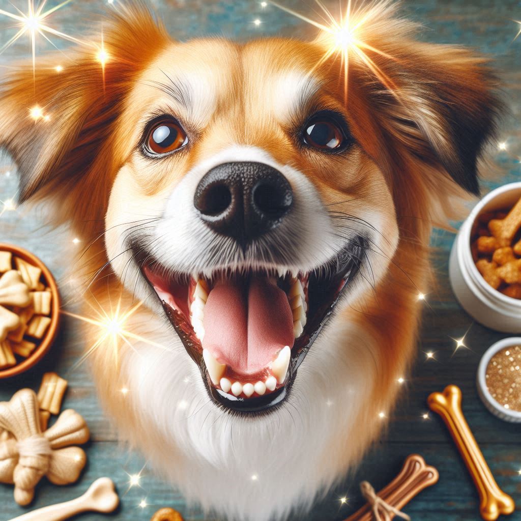 happy dog looking up with sparkles in teeth