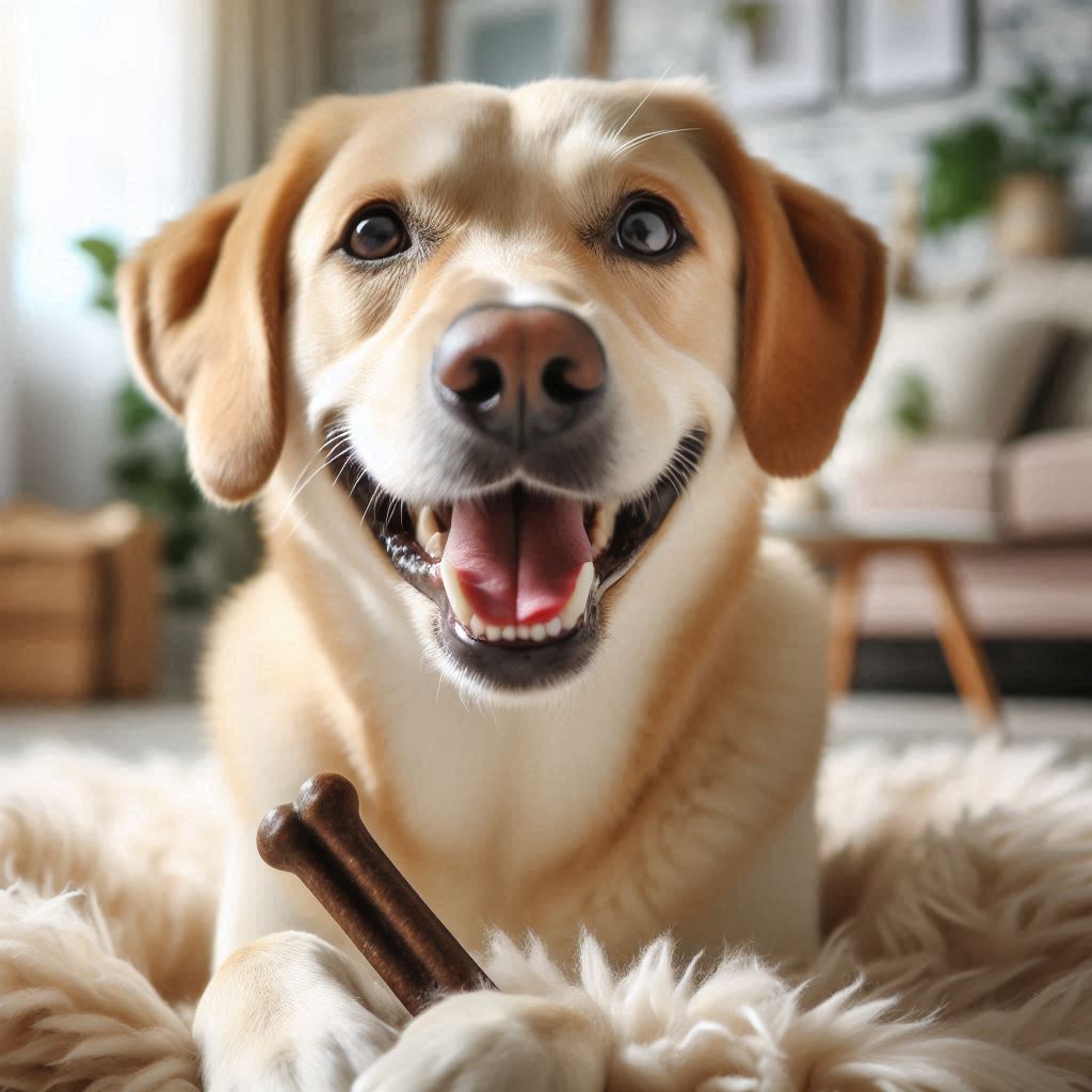 happy dog with dental chew