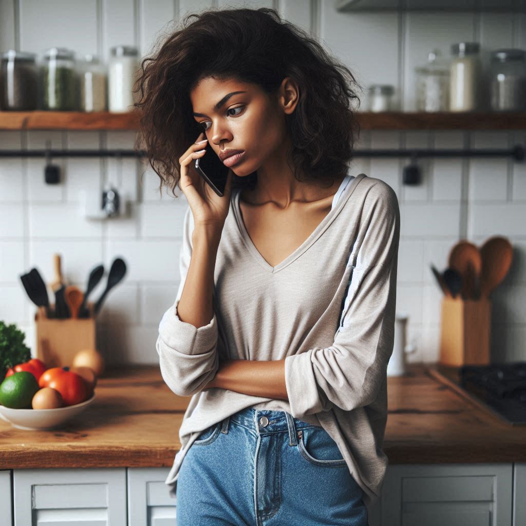 woman in kitchen talking on phone